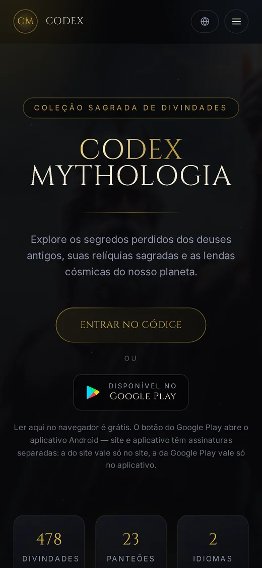 Versão mobile do site Codex Mythologia